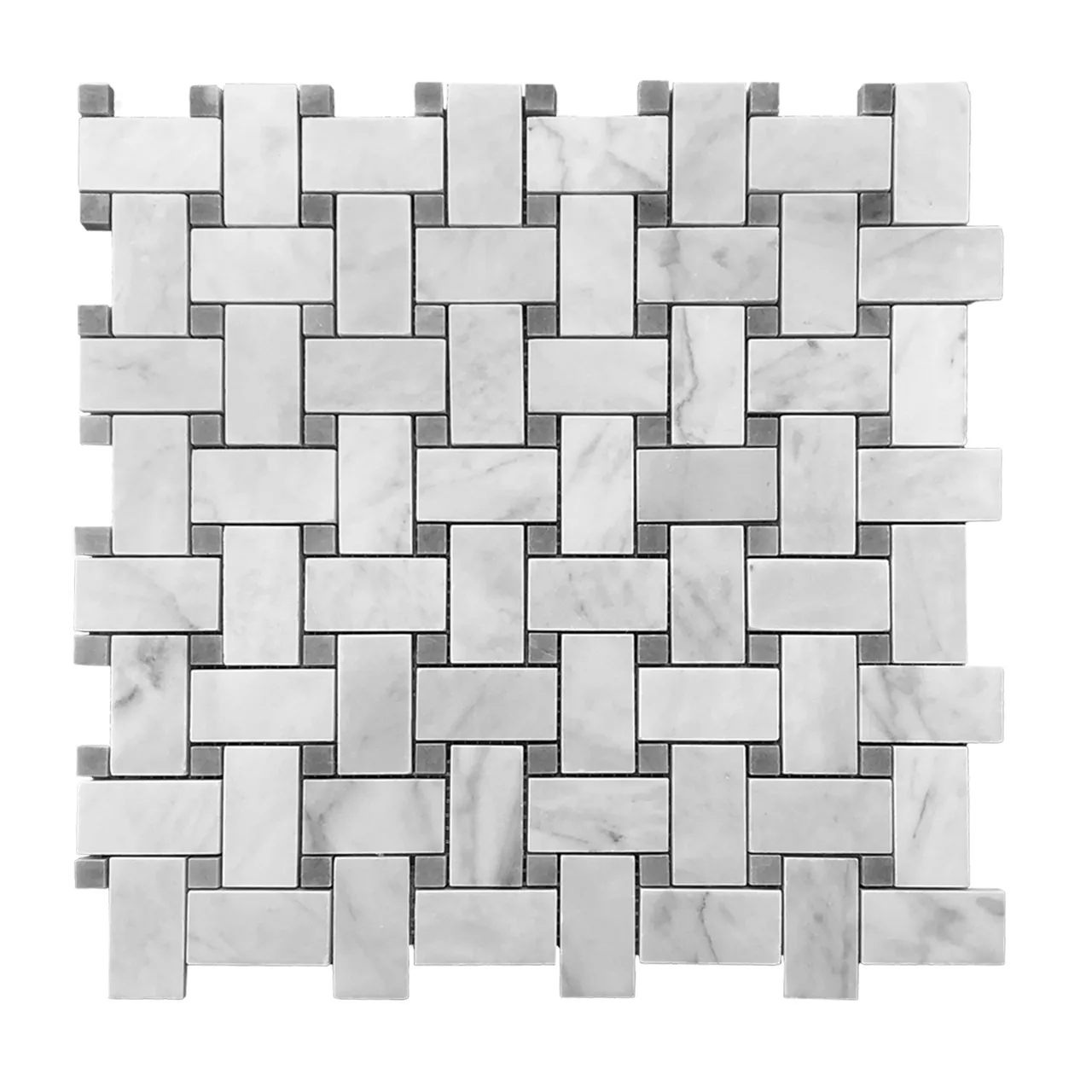 Carrara White Italian Marble Basketweave Mosaic Tile with Bardiglio Gray Dots Polished