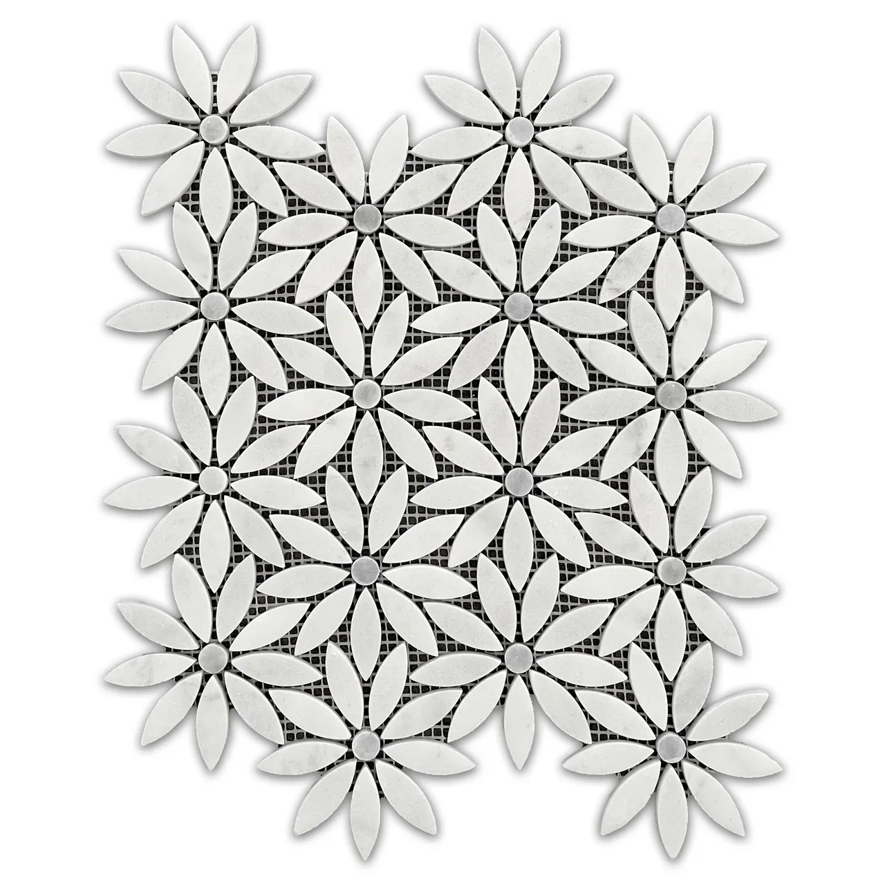 Carrara White Marble With Bardiglio Gray Accent Daisy Flower Waterjet Mosaic Tile Honed