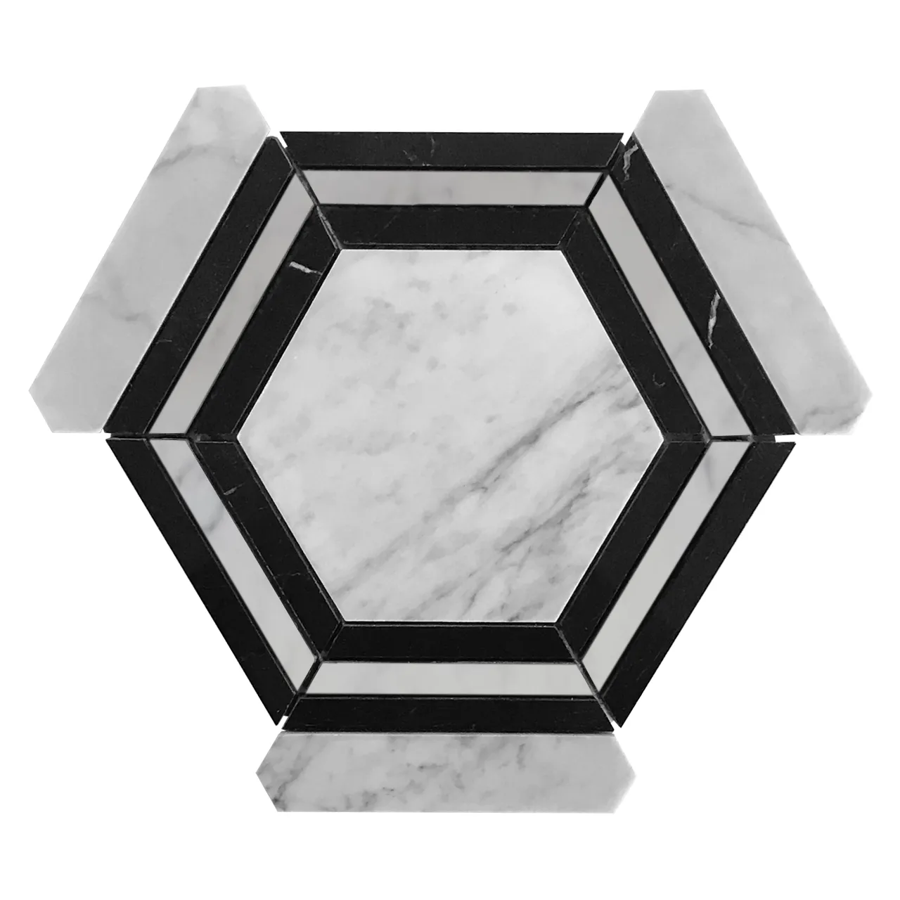 Carrara White Italian Marble Hexagon with Nero Marquina Black Strips Mosaic Tile Polished