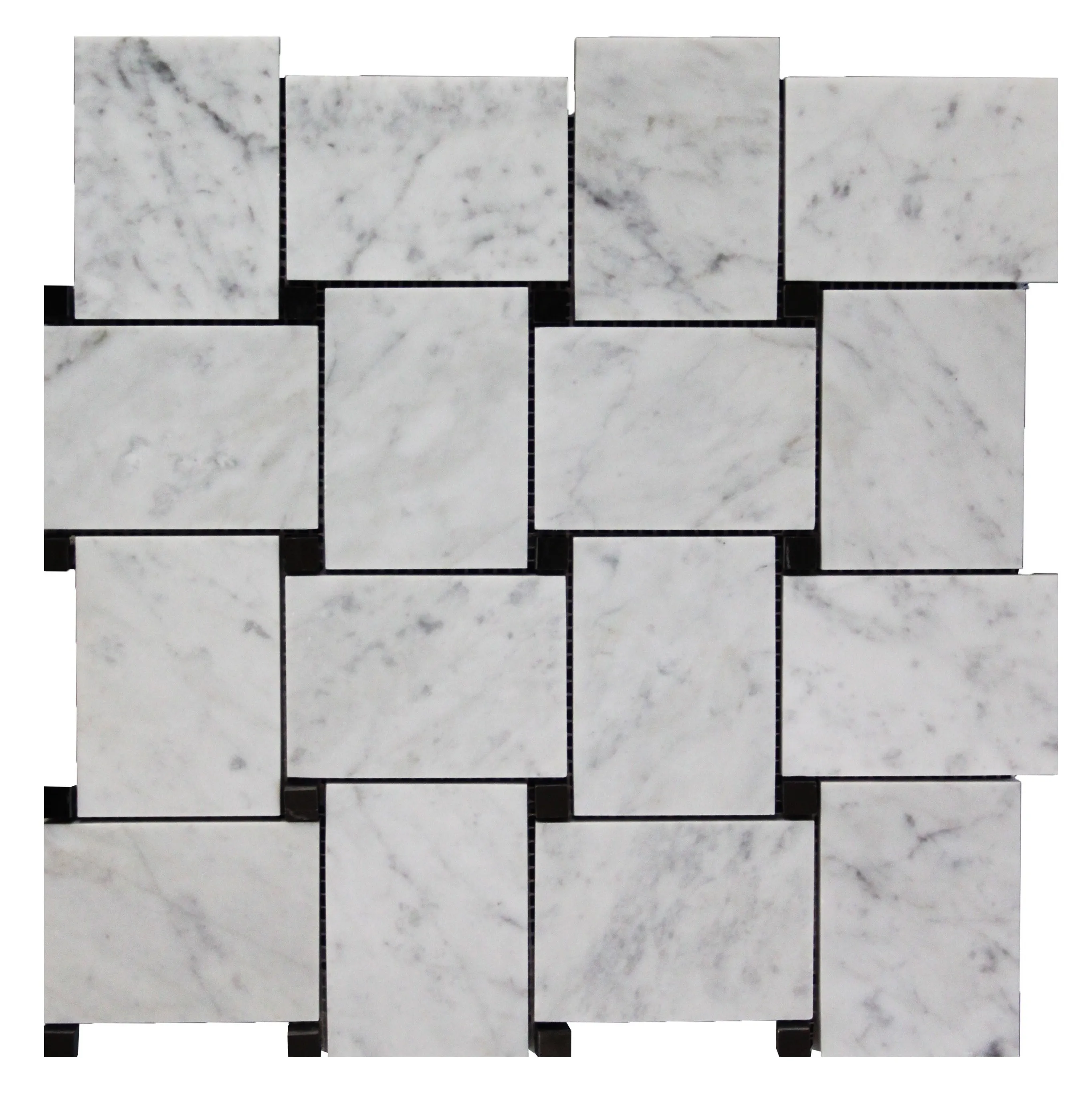 Carrara White Italian Marble Large Basketweave Mosaic Tile with Nero Marquina Black Dots Honed