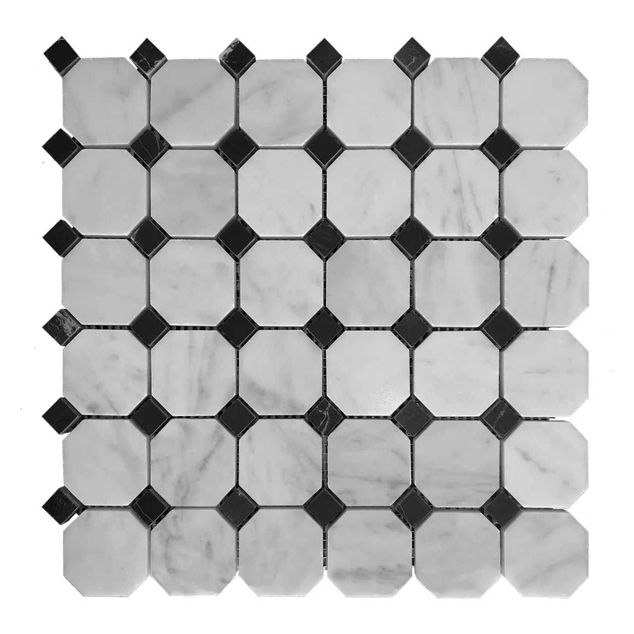 Carrara White Italian Marble Octagon Mosaic Tile with Black Honed