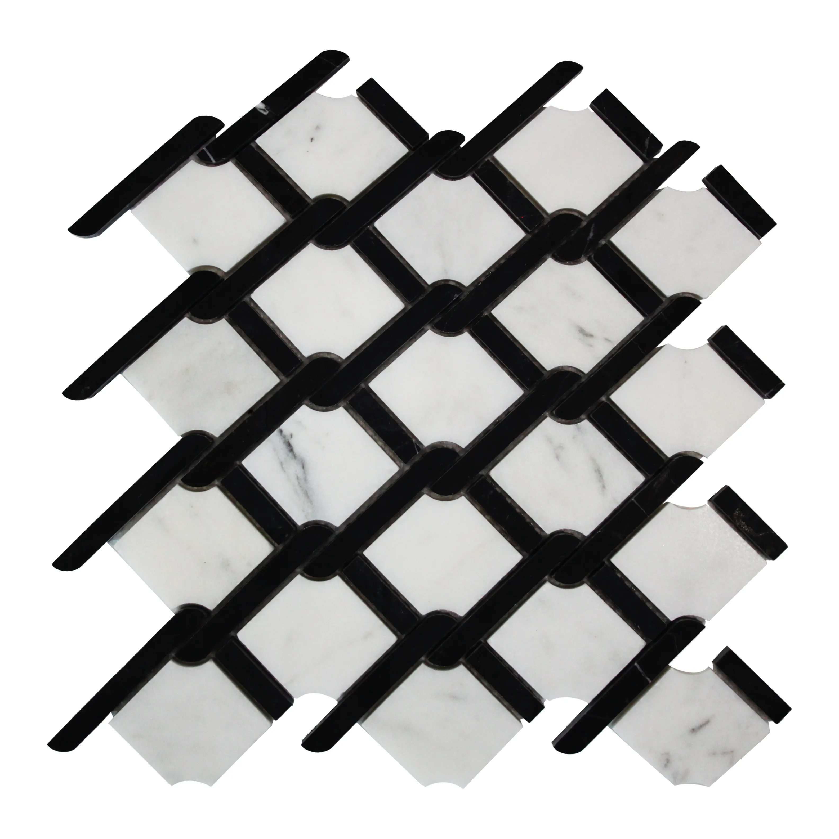 Carrara White Italian Marble Marbella Lynx Rope Design with Nero Marquina Black Strips Mosaic Tile Polished