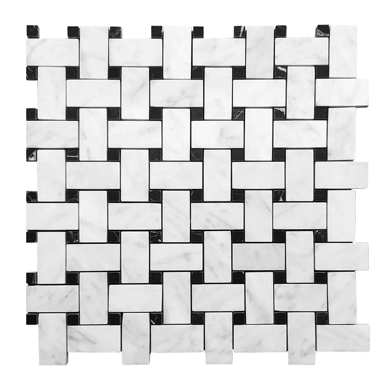 Carrara White Italian Marble Basketweave Mosaic Tile with Nero Marquina Black Dots Polished
