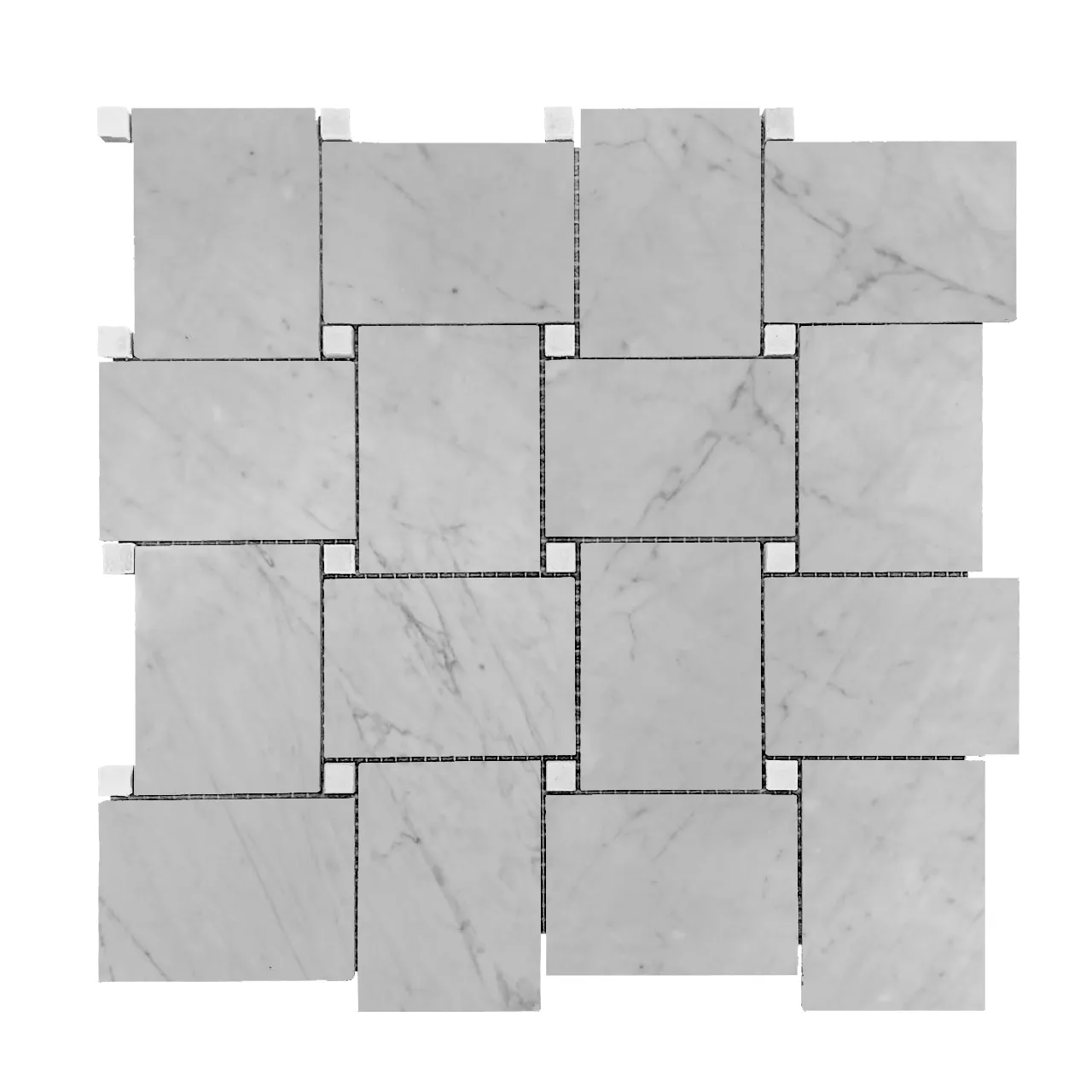 Carrara White Marble Large Basketweave Mosaic Tile with Bianco Dolomite Dots Polished