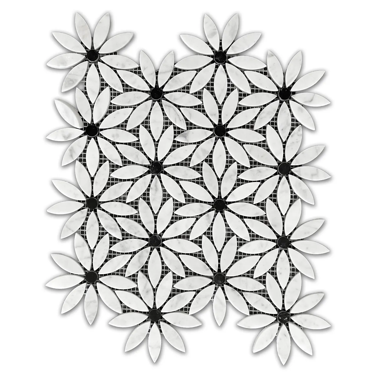 Carrara White Marble With Nero Marquina Black Accent Daisy Flower Waterjet Mosaic Tile Polished