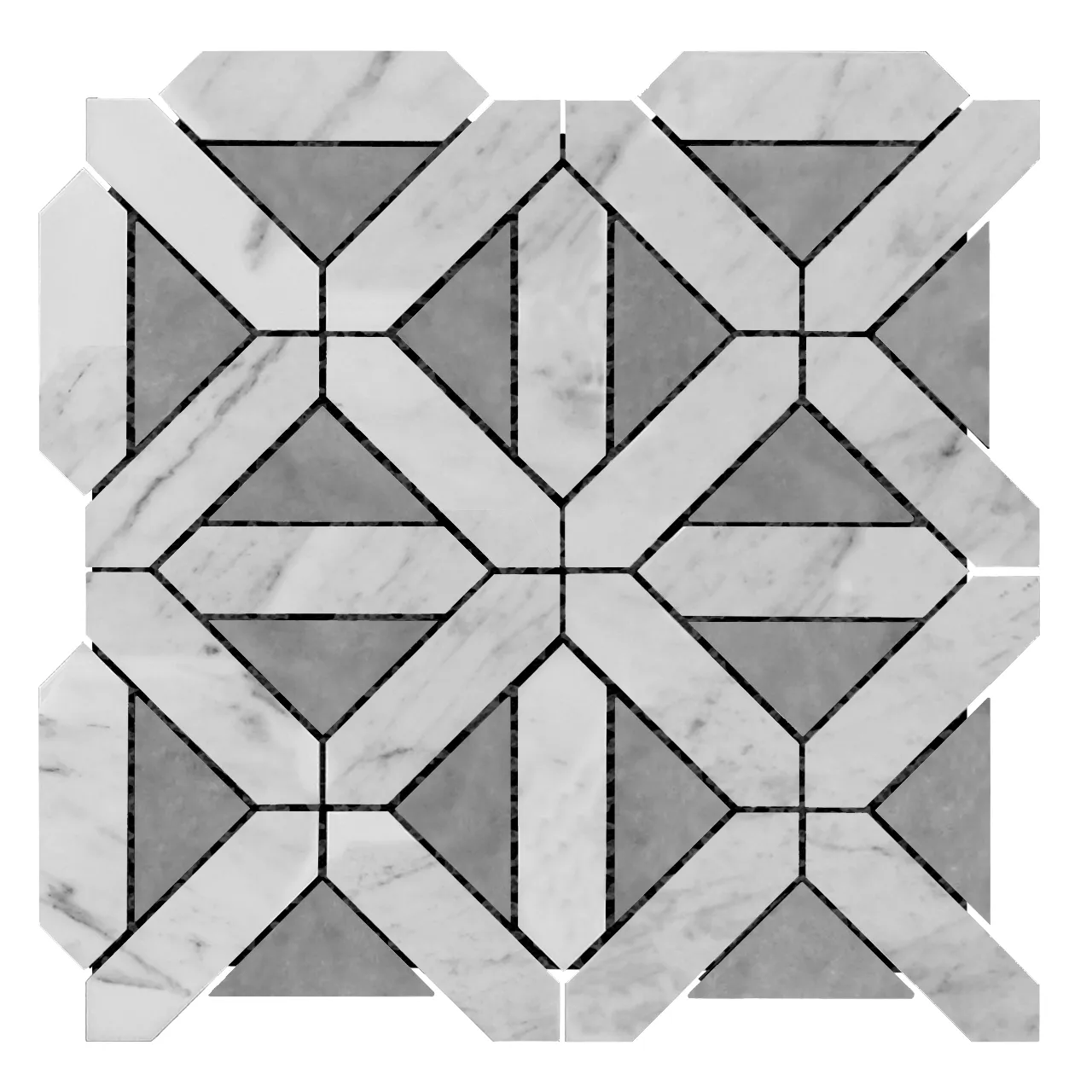 Carrara White Italian Marble with Bardiglio Gray Triangles Geometrica Mosaic Tile Polished