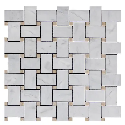 Carrara White Italian Marble Basketweave Mosaic Tile with Crema Marfil Dots Polished