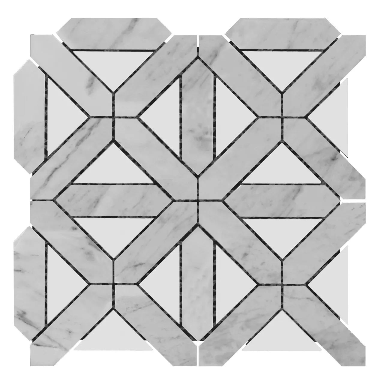 Carrara White Italian Marble with Bianco Dolomite Triangles Geometrica Mosaic Tile Polished