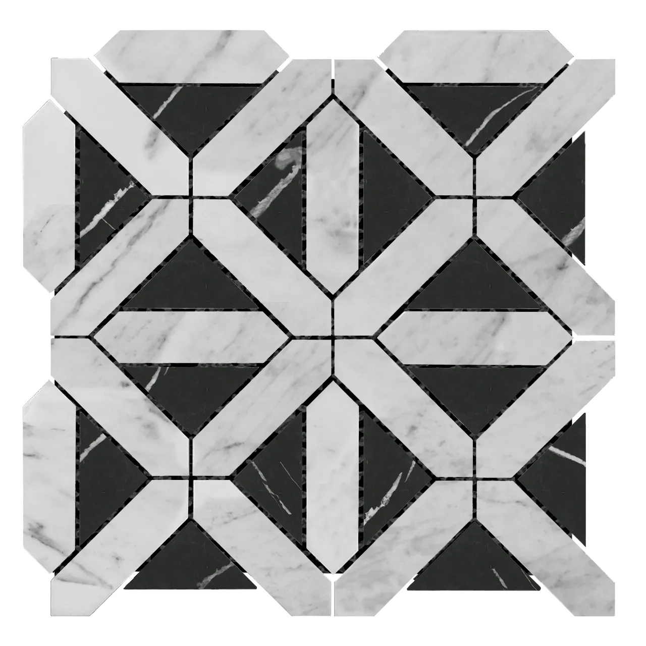 Carrara White Italian Marble with Nero Marquina Black Triangles Geometrica Mosaic Tile Honed