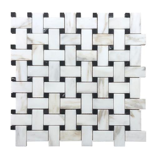 Calacatta Gold Italian Marble Basketweave Mosaic Tile with Black Dots Honed
