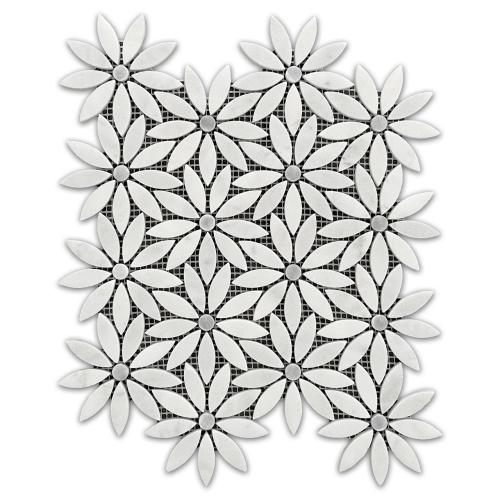 Carrara White Marble With Bardiglio Gray Accent Daisy Flower Waterjet Mosaic Tile Honed