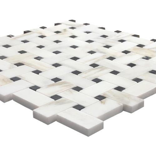 Calacatta Gold Italian Marble Basketweave Mosaic Tile with Black Dots Polished