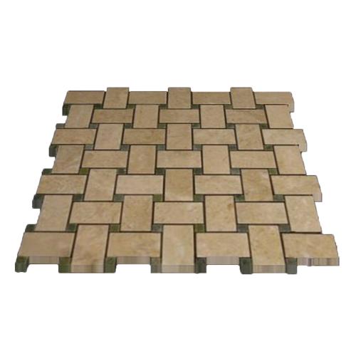 Crema Marfil Marble Basketweave Mosaic Tile with Green Dots Polished