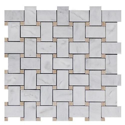 Carrara  White Italian Marble Basketweave Mosaic Tile with Crema Marfil Dots Honed
