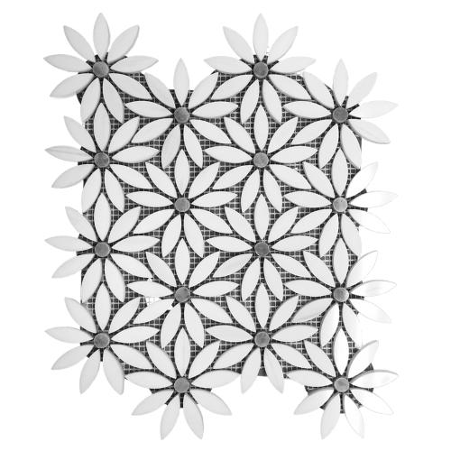 Bianco Dolomite Marble With Bardiglio Gray Accent Daisy Flower Waterjet Mosaic Tile Honed