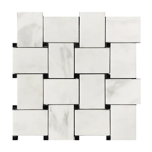 Calacatta Gold Italian Marble Large Basketweave Mosaic Tile with Nero Marquina Black Dots Polished