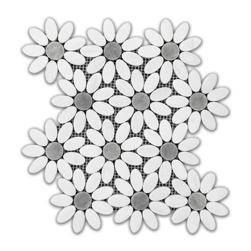 Bianco Dolomite Marble With Bardiglio Gray Accent Flower Waterjet Mosaic Tile Polished