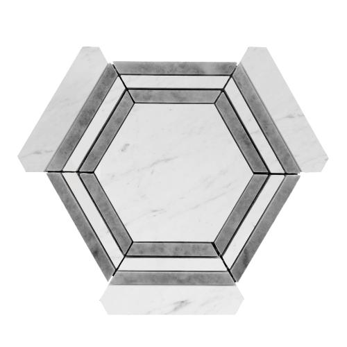 Carrara White Italian Marble Hexagon with Bardiglio Gray Strips Mosaic Tile Honed