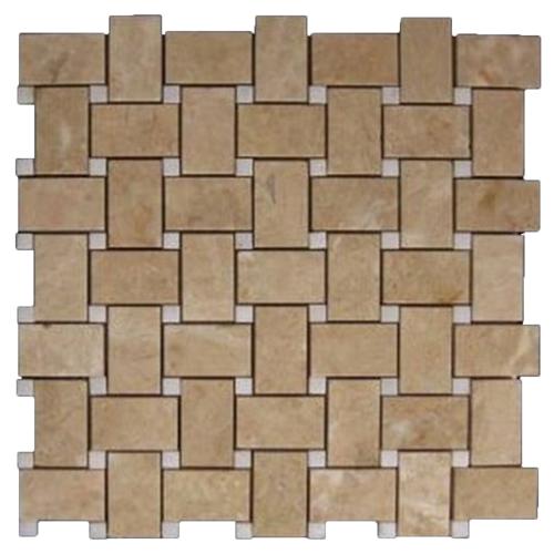 Crema Marfil Marble Basketweave Mosaic Tile with White Thassos Dots Polished