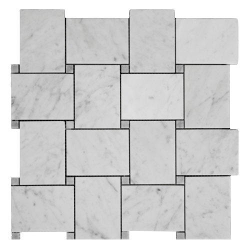 Carrara White Italian Marble Large Basketweave Mosaic Tile with Bardiglio Gray Dots Polished