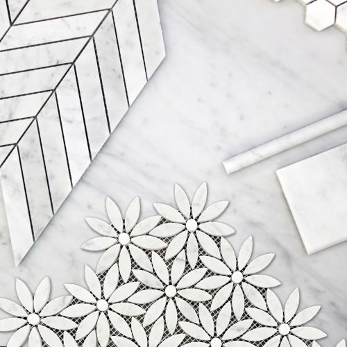 Carrara White Marble With Bianco Dolomite Accent Daisy Flower Waterjet Mosaic Tile Honed