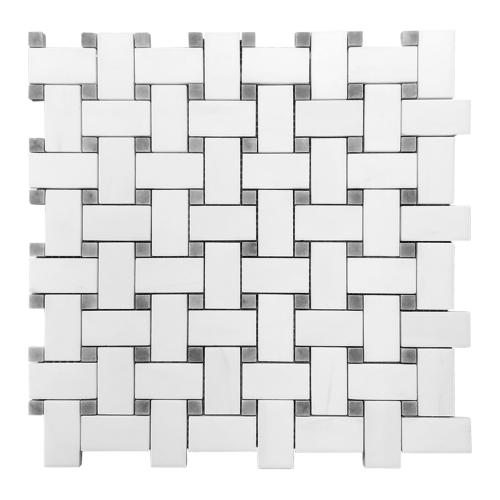 Bianco Dolomite Marble Basketweave Mosaic Tile with Bardiglio Gray Dots Polished