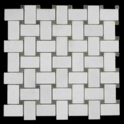 Statuary Crystal Marble Italian White Statuario Basketweave Mosaic Tile with Green Dots Polished