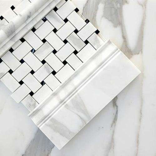 Calacatta Gold Italian Marble Large Basketweave Mosaic Tile with Nero Marquina Black Dots Polished