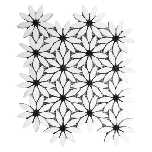 Bianco Dolomite Marble With Nero Marquina Black Accent Daisy Flower Waterjet Mosaic Tile Honed
