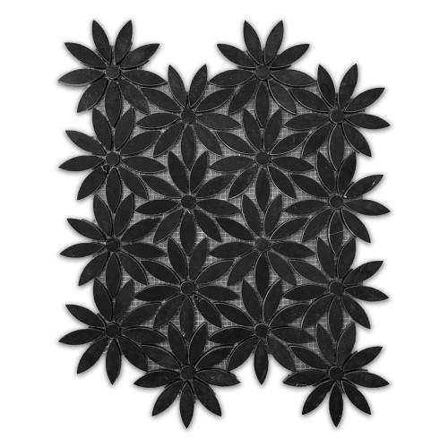 Nero Marquina Black Marble With Nero Marquina Black Accent Daisy Flower Waterjet Mosaic Tile Polished