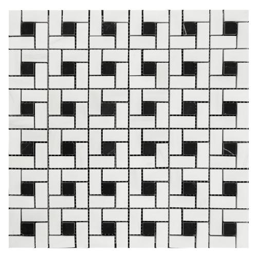 Bianco Dolomite Marble Target Pinwheel Mosaic Tile with Nero Marquina Black Dots Honed