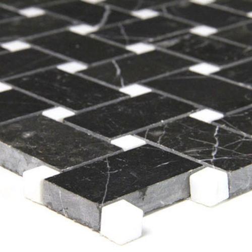 Nero Marquina Black Marble Basketweave Mosaic Tile with White Dots Honed