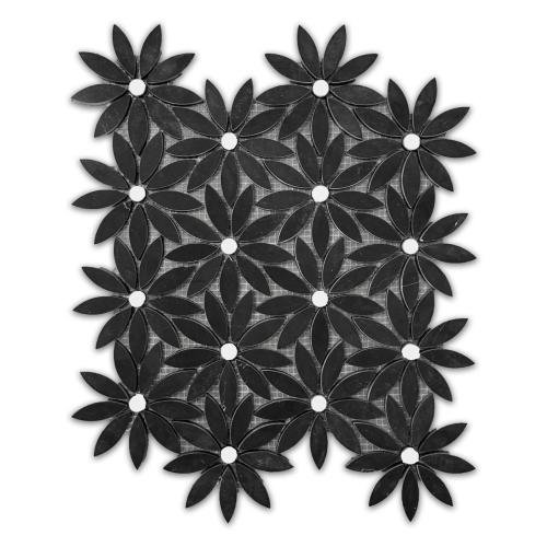 Nero Marquina Black Marble With Bianco Dolomite Accent Daisy Flower Waterjet Mosaic Tile Honed