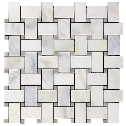 Calacatta Gold Italian Marble Basketweave Mosaic Tile with Green Dots Polished