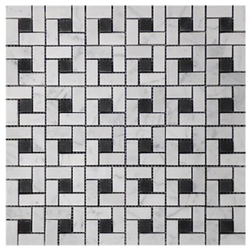 Carrara White ItalianMarble Target Pinwheel Mosaic Tile with Nero Marquina Black Dots Honed