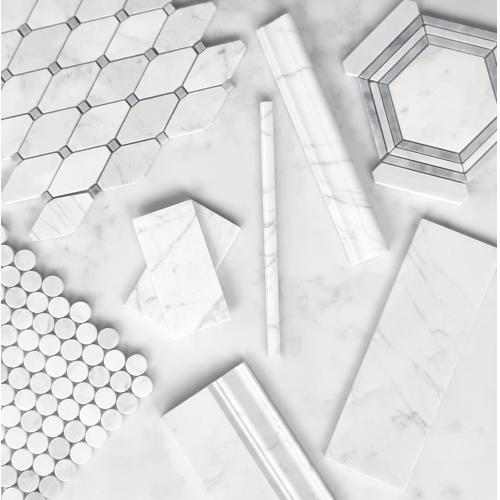 Carrara White Italian Marble Long Octagon Rhomboid Mosaic Tile with Bardiglio Gray Honed