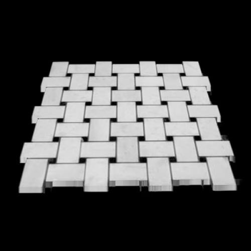 Statuary Crystal Marble Italian White Statuario Basketweave Mosaic Tile with Nero Marquina Black Dots Polished