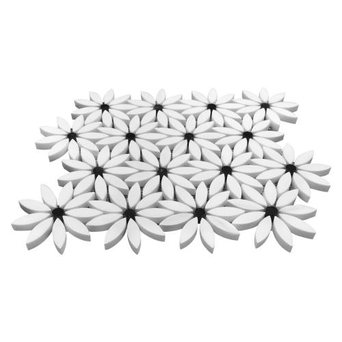 Bianco Dolomite Marble With Nero Marquina Black Accent Daisy Flower Waterjet Mosaic Tile Polished