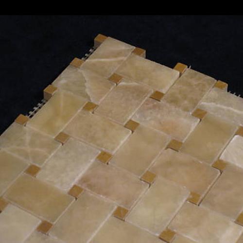 Honey Onyx Basketweave Mosaic Tile with Golden Tobacco Dots Polished
