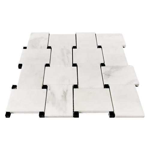 Calacatta Gold Italian Marble Large Basketweave Mosaic Tile with Nero Marquina Black Dots Polished