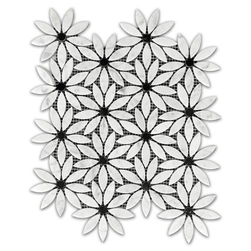 Carrara White Marble With Nero Marquina Black Accent Daisy Flower Waterjet Mosaic Tile Honed