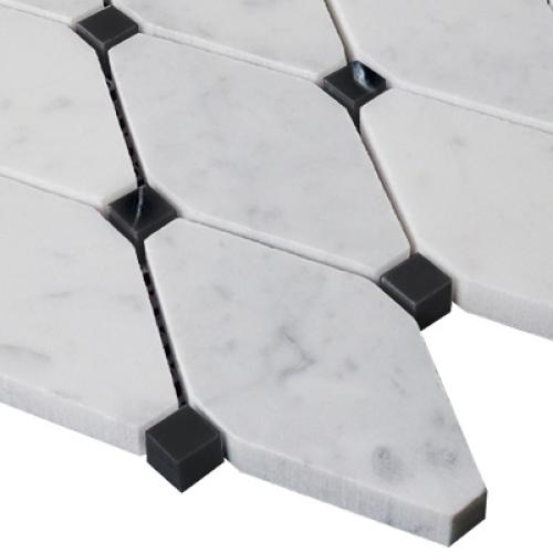 Carrara White Italian Marble Long Octagon Rhomboid Mosaic Tile with Nero Marquina Black Dots Honed